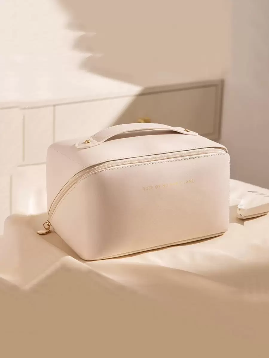 1pc Slogan Graphic Makeup Bag - Beige - View 1