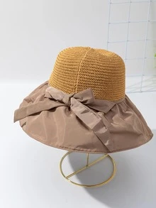 1pc Women Bow Decor Sun Protection Boho Bucket Hat, For Beach - Camel - View 1