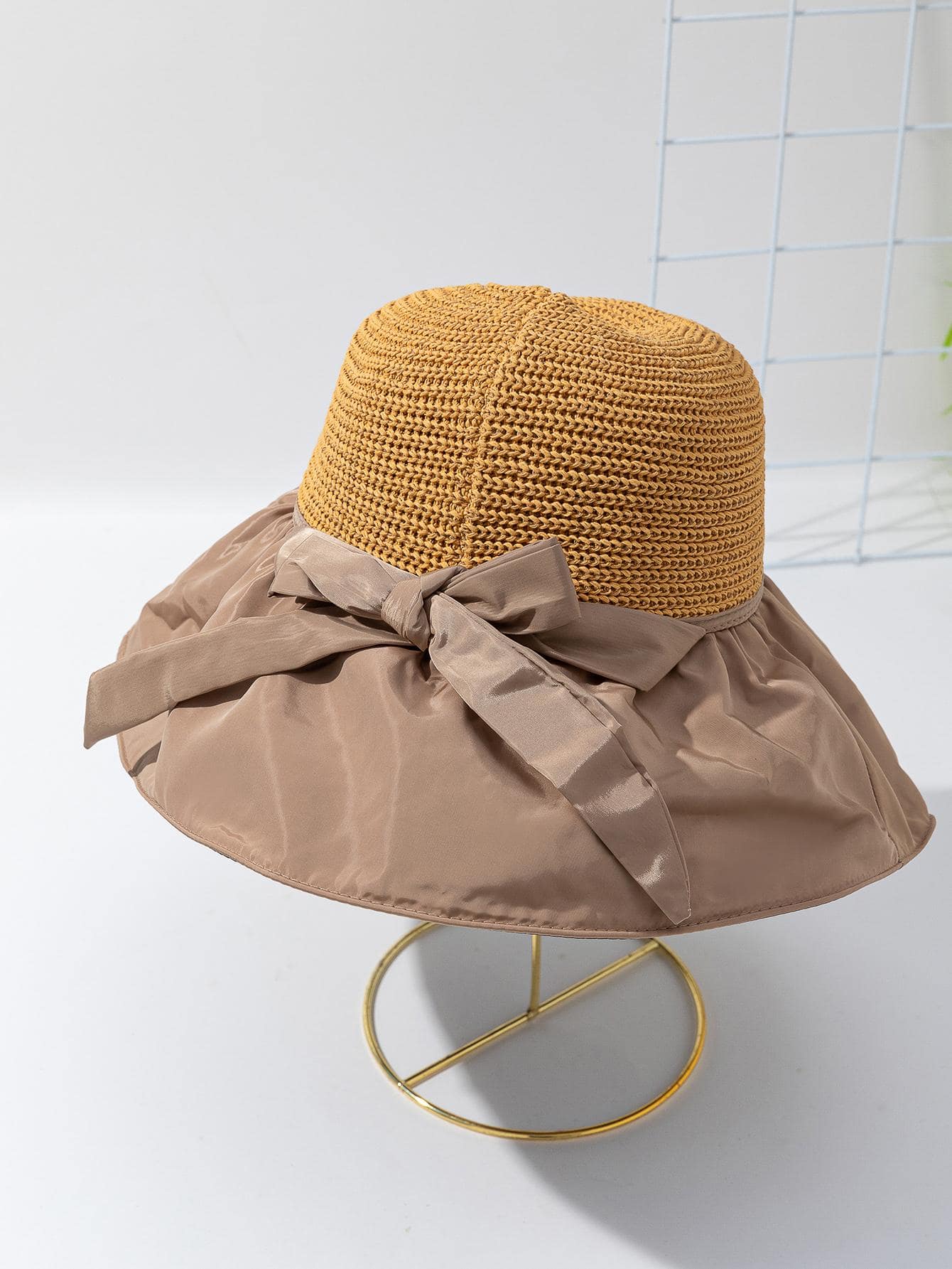 1pc Women Bow Decor Sun Protection Boho Bucket Hat, For Beach - Camel - View 1
