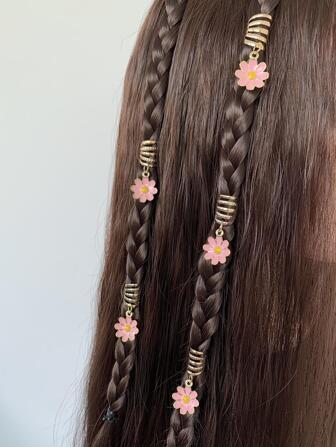 5pcs Women's Pink Alloy Daisy Drop Hair Ring For Braids, Sweet Fashionable Fresh Style, Suitable For Daily And Vacation Wear Boho Valentine's Day Hair Clips, School Stuff, Pink Hair Clips, Flower , Vacation Outfits Woman, Cute Accessories, Hair Accessories