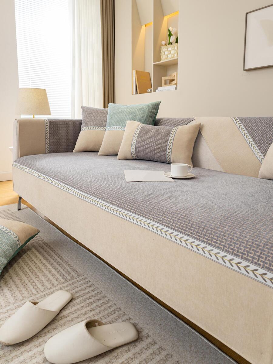 1pc Geometric Pattern Sofa Towel, Modern Polyester Non-slip Towel Cover For Home - Grey - View 1