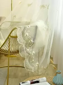 花卉刺繡單層薄紗窗簾現代滌綸濾光隱私薄紗窗簾適用於客廳和臥室 - 白色 - 查看 1