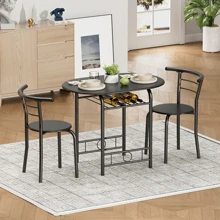 Flamaker Furmax 3 Piece Wood Round Table & Chair Set For Dining Room Kitchen Bar Breakfast, With Wine Storage Rack, Space Saving - 黑色 - 查看 7