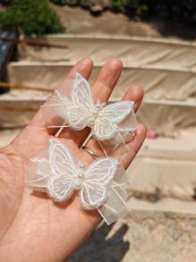 1pc/2pcs Set Elegant Lace White Butterfly Hair Clips With Pearl Fabric Bow - White - View 6
