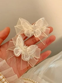 1pc/2pcs Set Elegant Lace White Butterfly Hair Clips With Pearl Fabric Bow - White - View 1