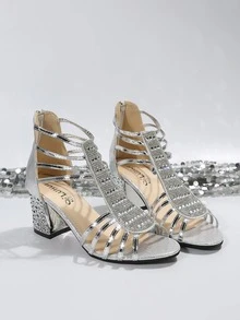 Glamorous Silver Sandals For Women, Metallic Rhinestone Decor Chunky Heeled Gladiator Sandals - Silver - View 4