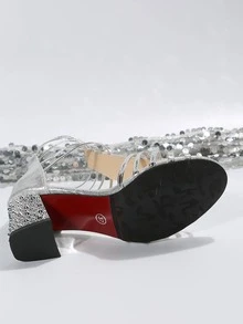 Glamorous Silver Sandals For Women, Metallic Rhinestone Decor Chunky Heeled Gladiator Sandals - Silver - View 7