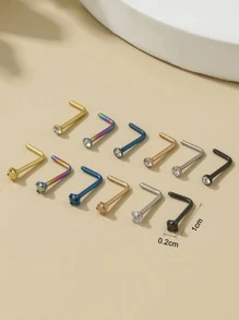 12pcs/set Multicolor Cubic Zirconia Inlaid Stainless Steel L-shape Nose Studs - Multicolor - View 6