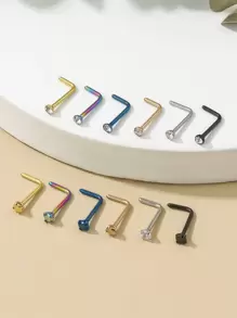 12pcs/set Multicolor Cubic Zirconia Inlaid Stainless Steel L-shape Nose Studs - Multicolor - View 3
