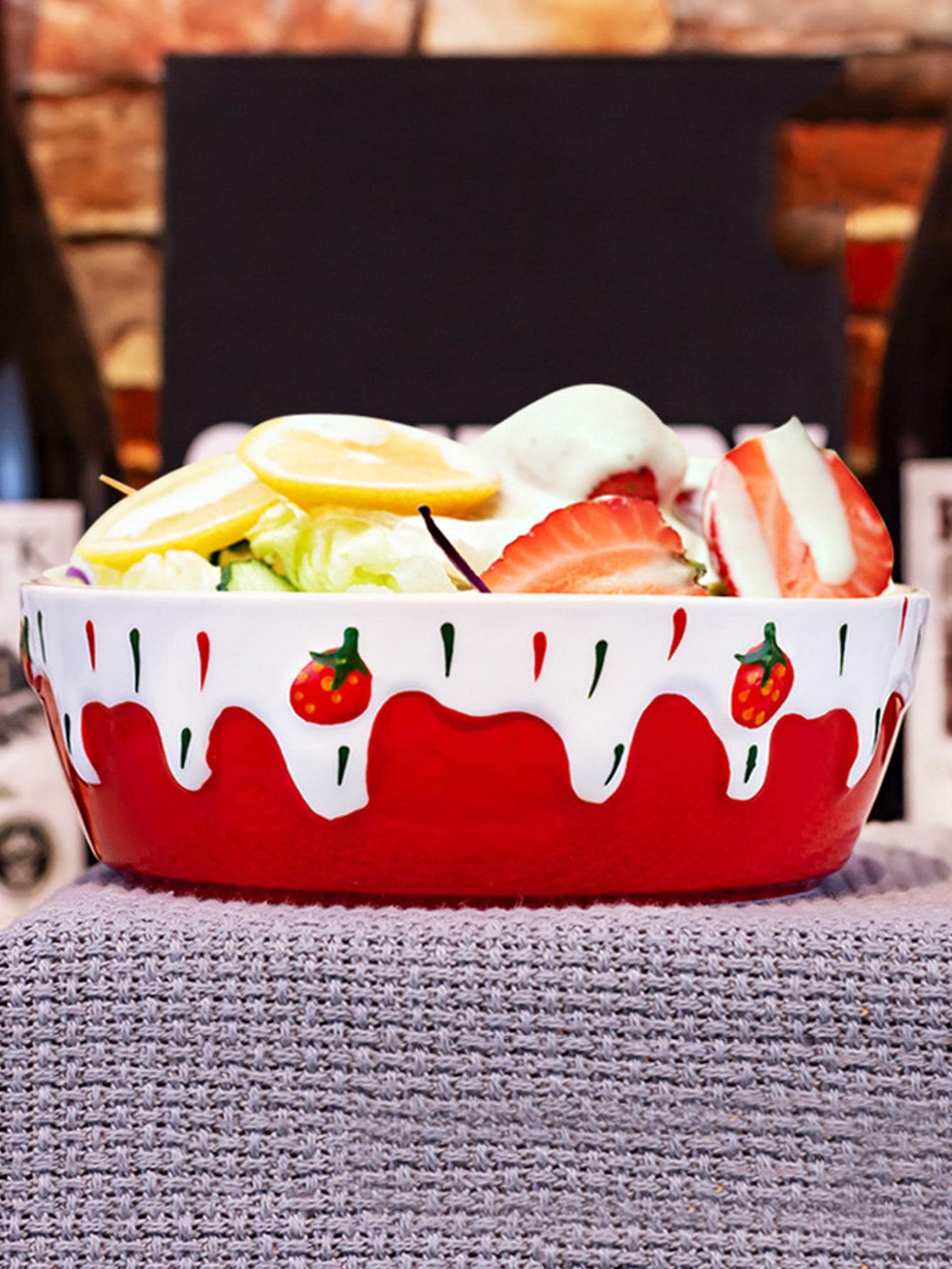 1pc Strawberry Print Bowl - Red - View 1