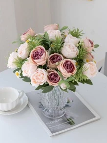 1入組人工玫瑰花束，秋季裝飾婚禮裝飾新娘手持手花手腕花胸花材料家居用餐廳臥室花瓶裝飾花束DIY生日派對蛋糕材料情人節和新年裝飾材料拍攝道具 - 藕粉色 - 查看 2