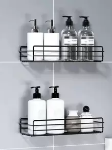 1 pieza Estantería de almacenamiento montada en la pared, estantería de almacenamiento de hierro negro hueco para accesorios de baño - Negro - Ver 1