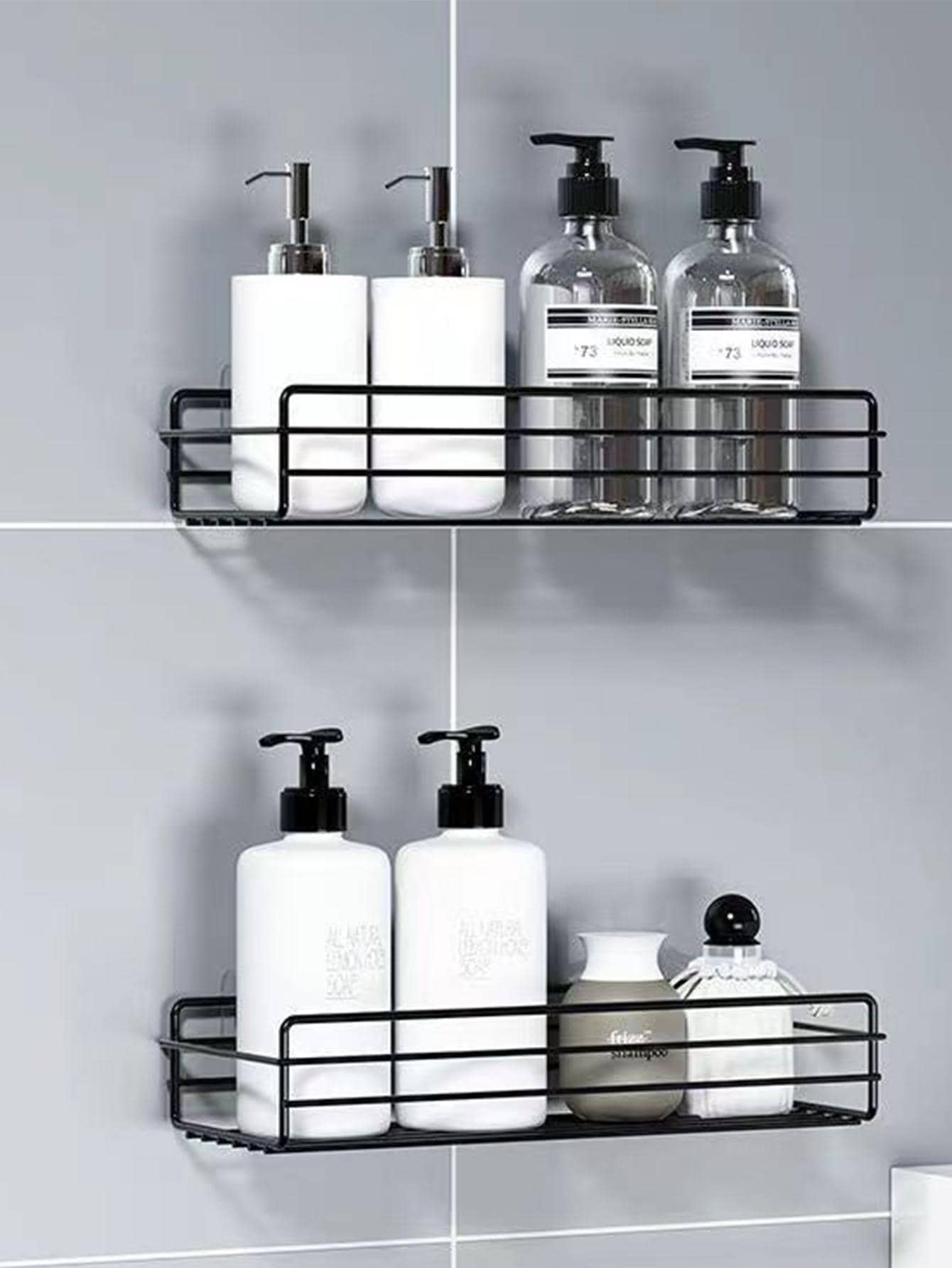 1 pieza Estantería de almacenamiento montada en la pared, estantería de almacenamiento de hierro negro hueco para accesorios de baño - Negro - Ver 1