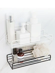 1 pieza Estantería de almacenamiento montada en la pared, estantería de almacenamiento de hierro negro hueco para accesorios de baño - Negro - Ver 2