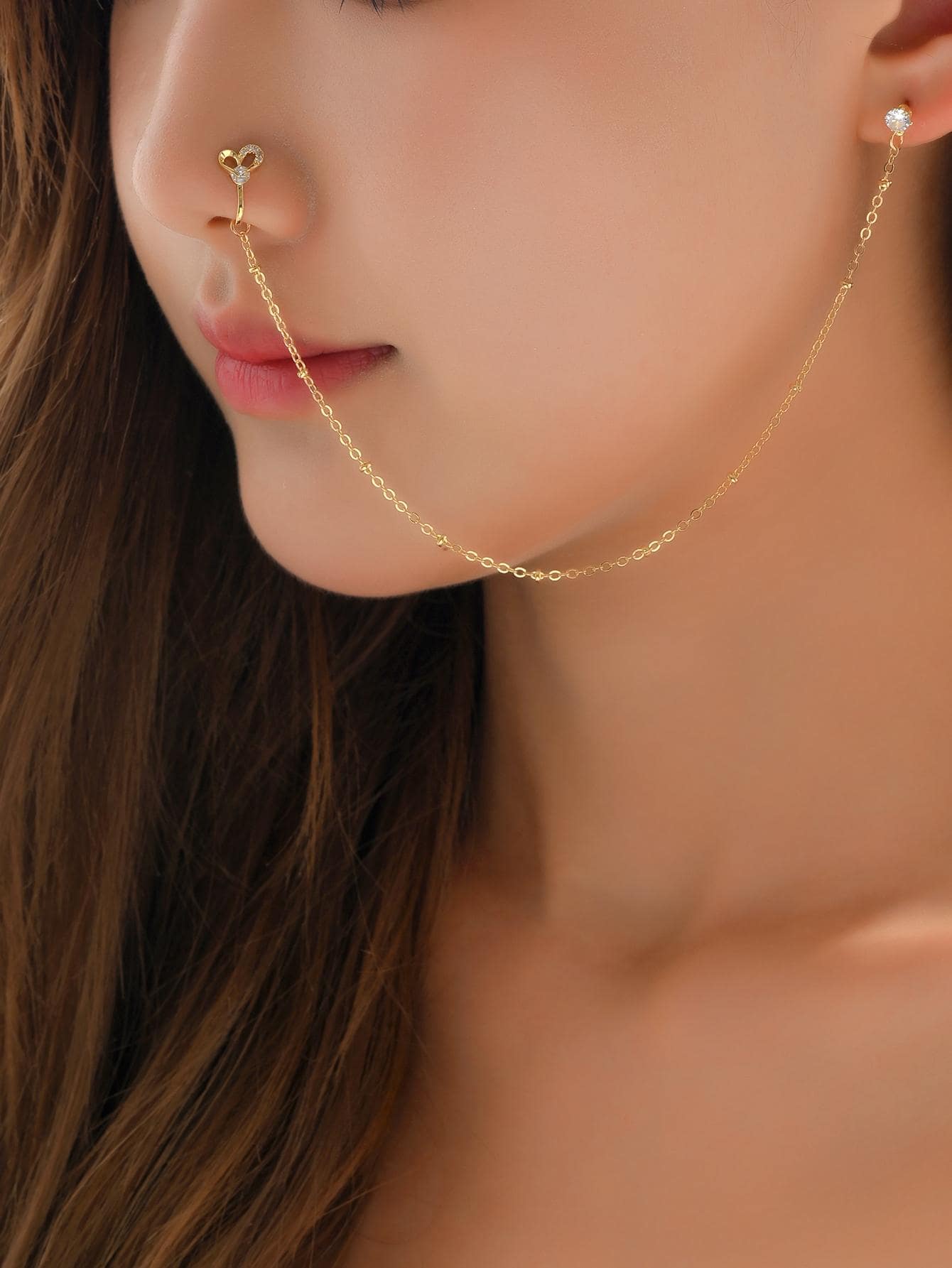 1pc Heart Nose Chain & Ear Studs Set For Women, Half Face Decoration For Date, Party Or Daily Wear Valentines,Mom,Mother,Mother's Day,Gift