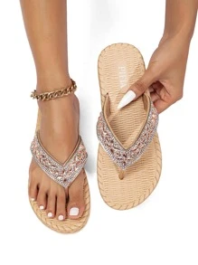Women Rhinestone Decor Flip Flops, Vacation Beach Flip Flops - Champagne - View 5