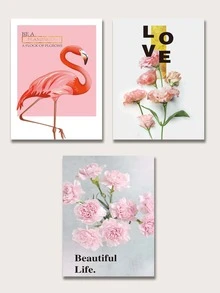 3入組粉色花鳥和英文字母織物現代北歐式牆藝裝飾(不帶框),適用於客廳和臥室家居裝飾 - 彩色 - 查看 2