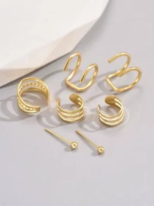 Bộ 7 khuyên tai kẹp rỗng tinh tế có thể điều chỉnh & khuyên tai đinh tán, tối giản & đa năng dành cho phụ nữ đeo hàng ngày - Vàng - Xem 4