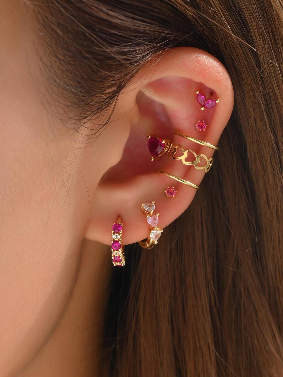 8pcs/Set Fashionable & Exquisite Pink Heart-Shaped Cubic Zirconia Earrings Set For Women's Daily Wear, Parties, Festivals Valentines,Mom,Mother,Mother's Day,Gift - Yellow Gold - View 1