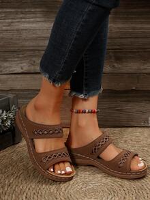 女性鏤空幾何樣式坡跟優雅夏天涼鞋 - 棕色 - 查看 8