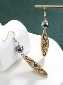 花細節橢圓形耳墜 - 金色 - 查看 1