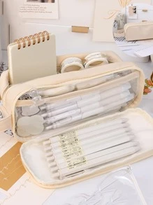 1 pieza unicolor Pluma simple de doble capa de gran capacidad Estuche de lápiz para alumno - Albaricoque - Ver 1