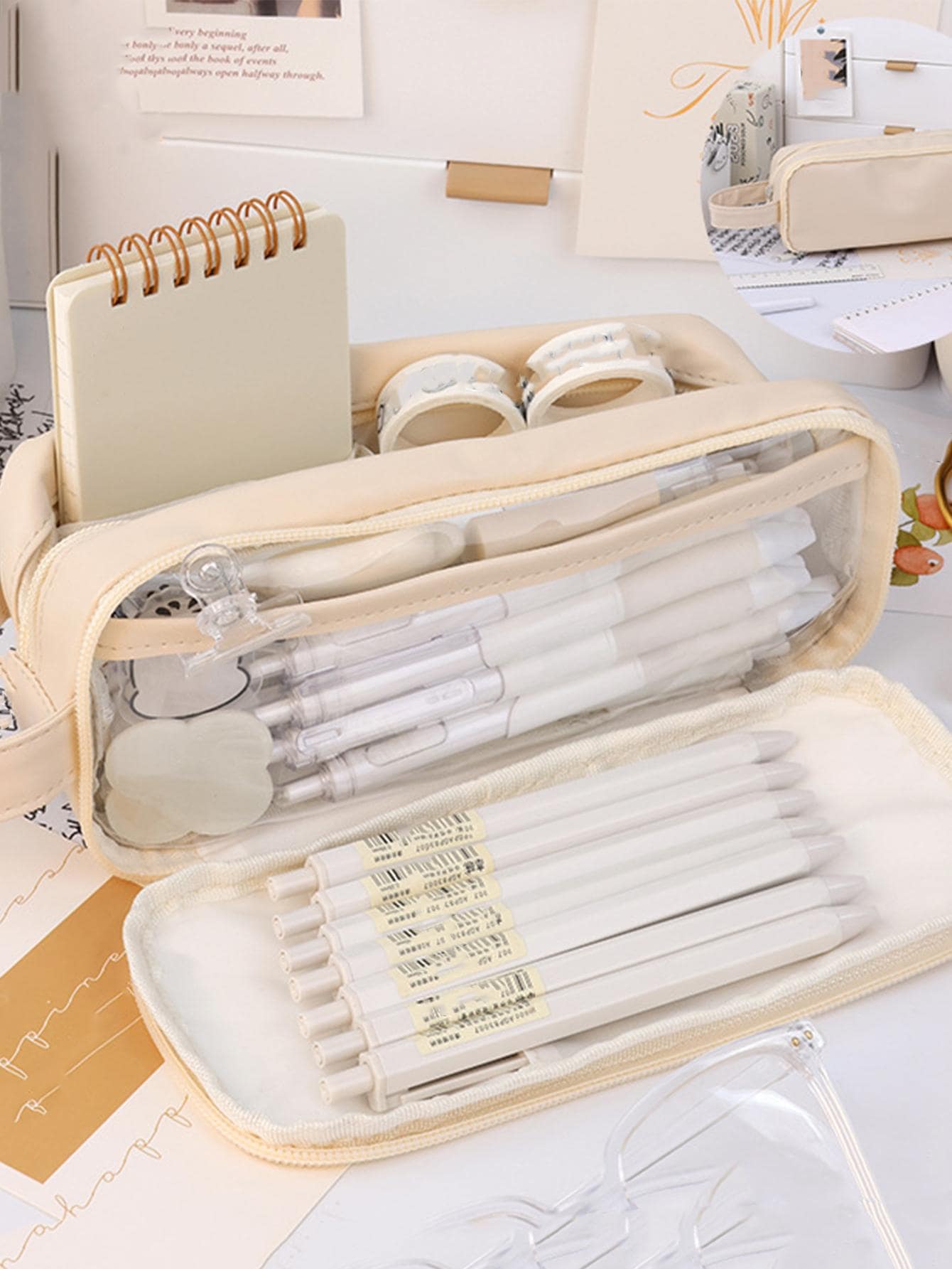 1 pieza unicolor Pluma simple de doble capa de gran capacidad Estuche de lápiz para alumno - Albaricoque - Ver 1