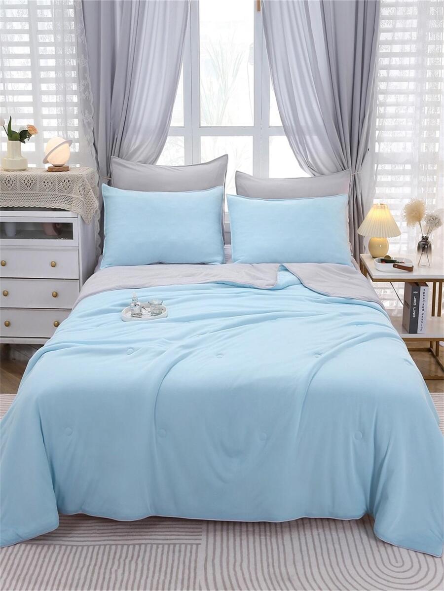 1pc Two Tone Quilt, Modern Fabric Bedspread For Home - Baby Blue - View 1