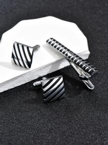 3pcs Silver & Black Texture Cufflinks & Tie Clip Set, Suitable For Men's Daily Wear - Multicolor - View 3