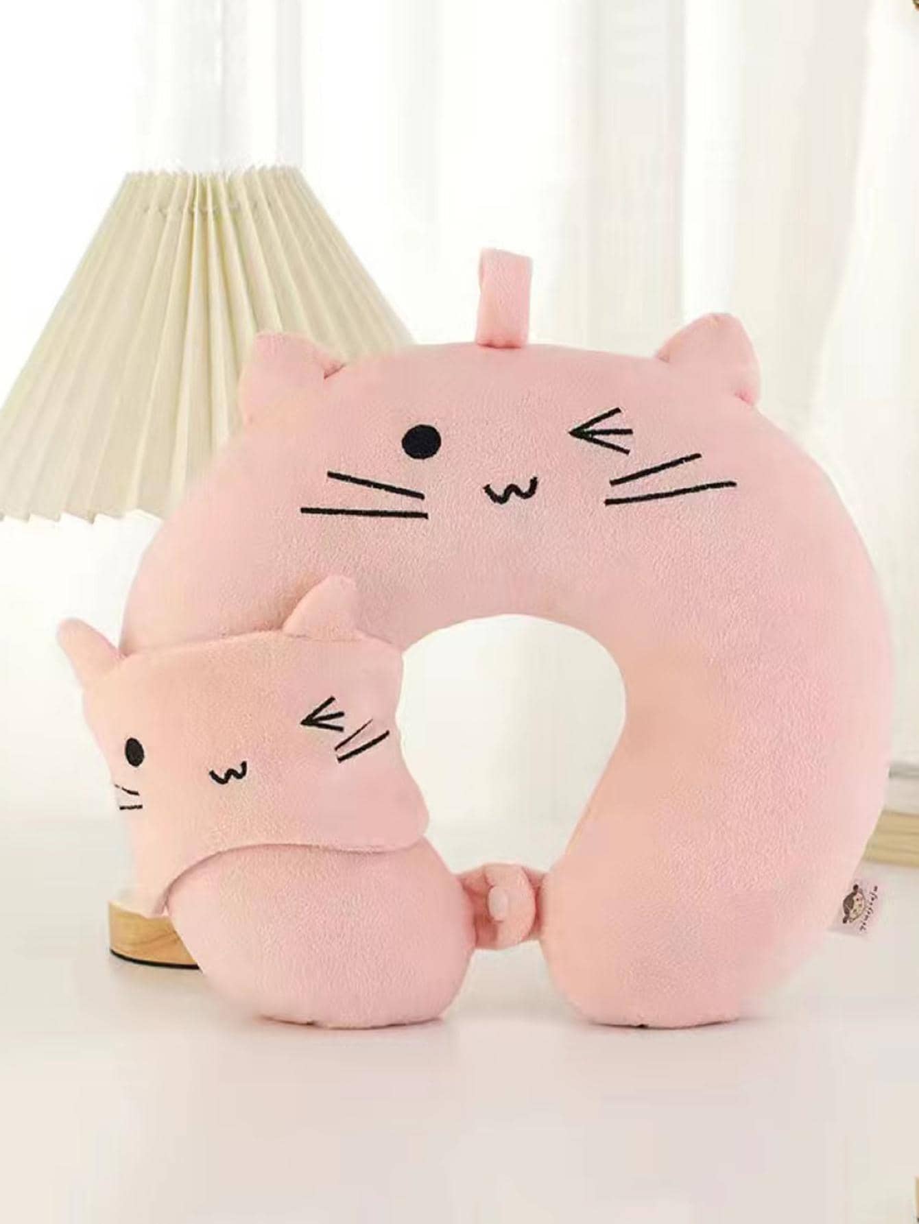 1入組卡通貓咪刺繡U型抱枕可愛粉色居家旅行抱枕 - 粉色 - 查看 1