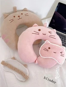 1入組卡通貓咪刺繡U型抱枕可愛粉色居家旅行抱枕 - 粉色 - 查看 4