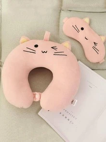 1入組卡通貓咪刺繡U型抱枕可愛粉色居家旅行抱枕 - 粉色 - 查看 2