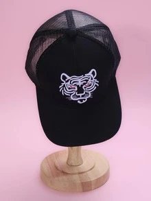 男士老虎頭刺繡透氣時尚網眼棒球帽適合夏天 - 黑色 - 查看 2
