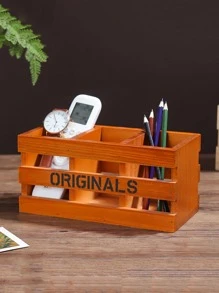 1pc Wooden Storage Box, Fashionable Letter Graphic Multi-function Storage Bin For Office - Brown - View 1