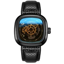 1pc Black Hollow Out PU Polyurethane Strap Casual Square Dial Mechanical Watch, For Daily Life - Black - View 2