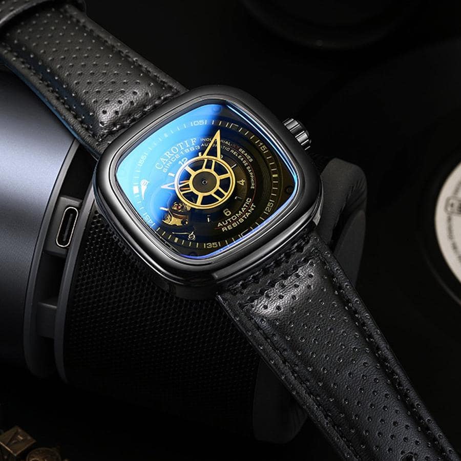 1pc Black Hollow Out PU Polyurethane Strap Casual Square Dial Mechanical Watch, For Daily Life - Black - View 1