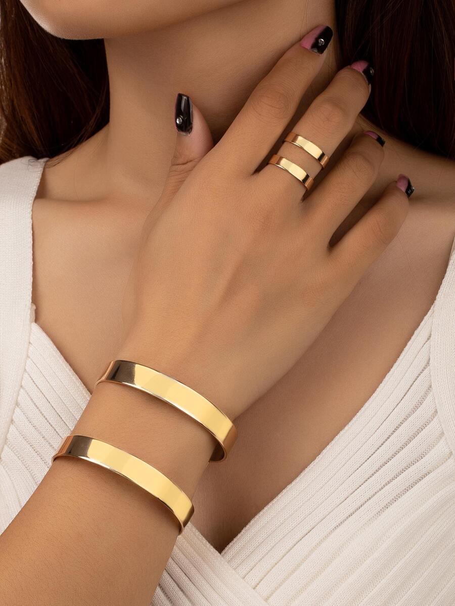1pc Metallic Fashionable Geometric Bangle & 1pc Metallic Fashionable Geometric Ring - Yellow Gold - View 1