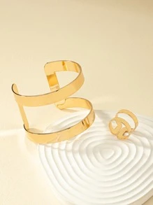 1pc Metallic Fashionable Geometric Bangle & 1pc Metallic Fashionable Geometric Ring - Yellow Gold - View 3
