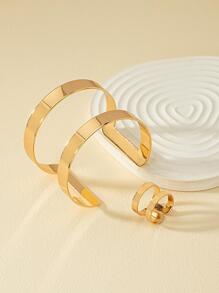 1pc Metallic Fashionable Geometric Bangle & 1pc Metallic Fashionable Geometric Ring - Yellow Gold - View 2