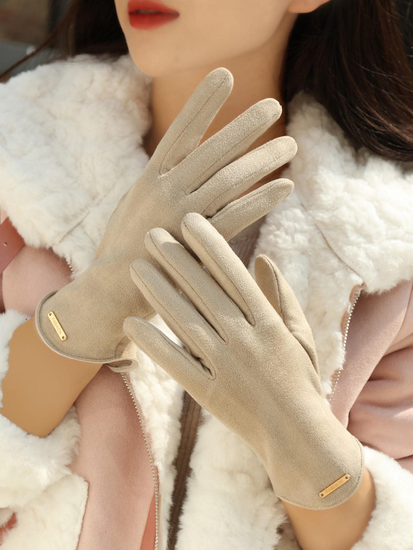 秋冬女士長方形裝飾觸摸屏休閒手套 - 米色 - 查看 1