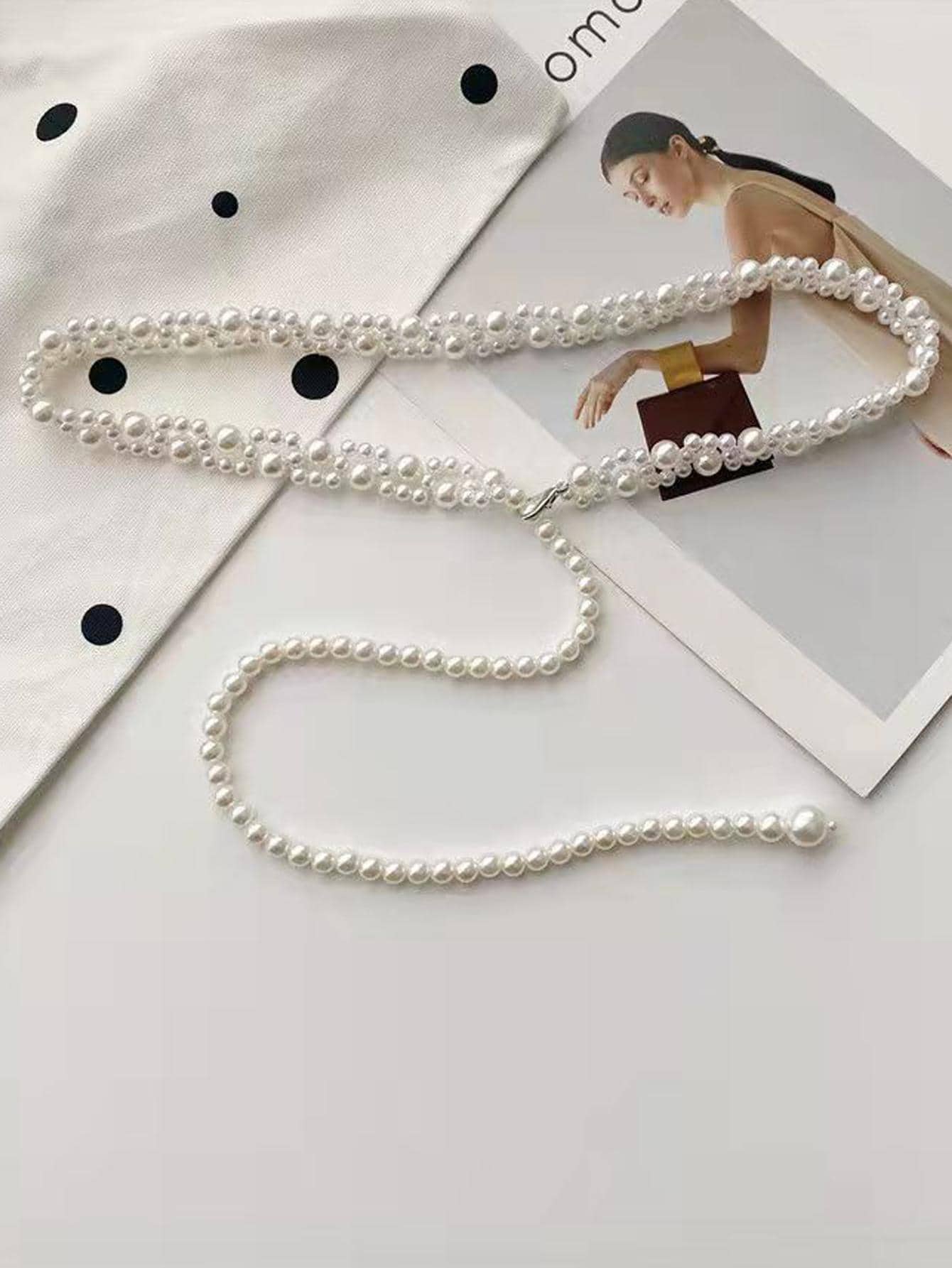 Elegant 1pc Women Faux Pearl Decor Fashion Chain Belt Summer, School Fall, Autumn, Halloween - White - View 1