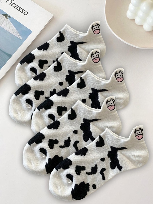 5 pares Meias de tornozelo estampa de vaca