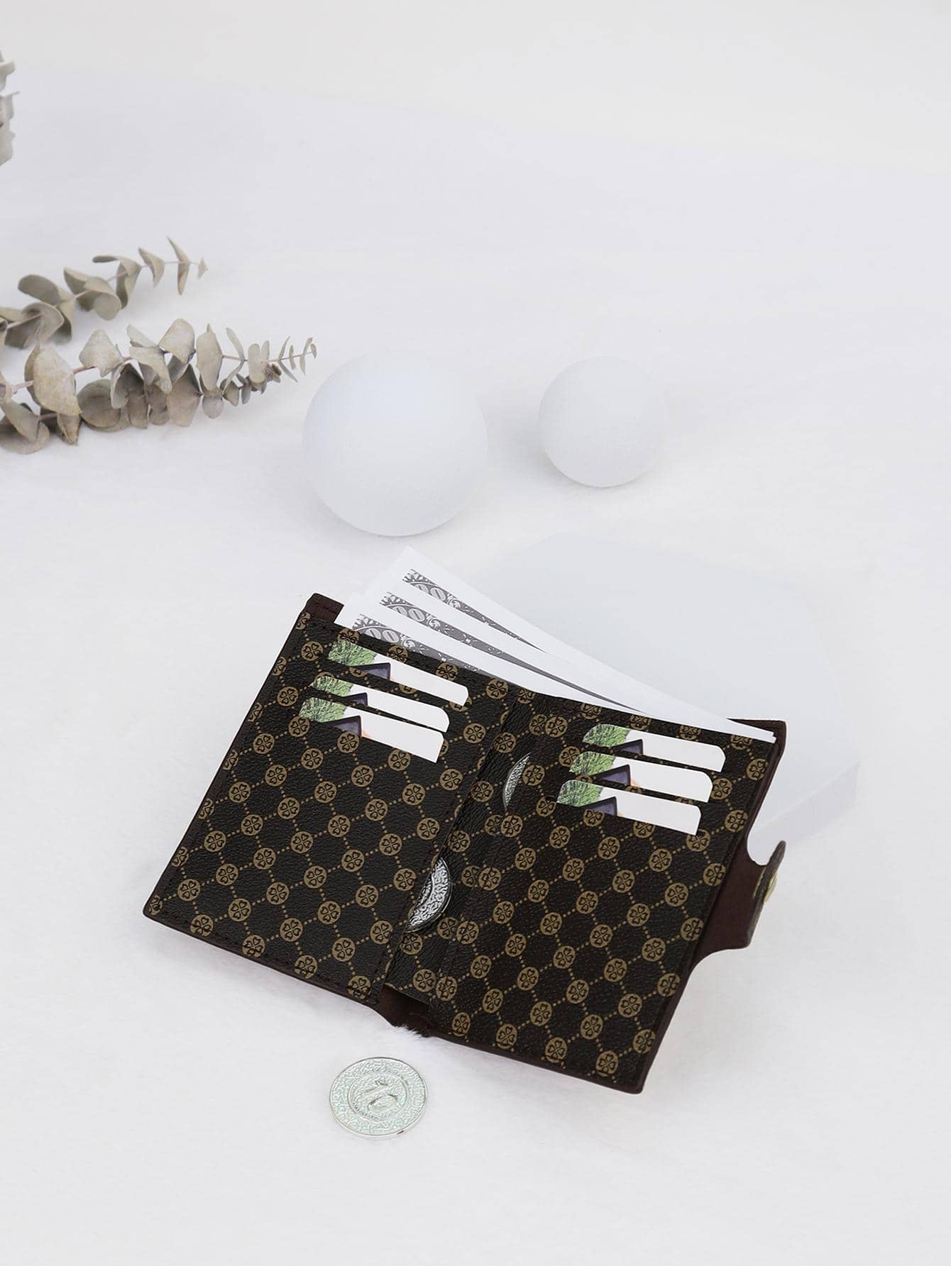 Geometrisch Patroon Kleine Portemonnee Drukknoop Vintage - Koffie bruin - Bekijken 1