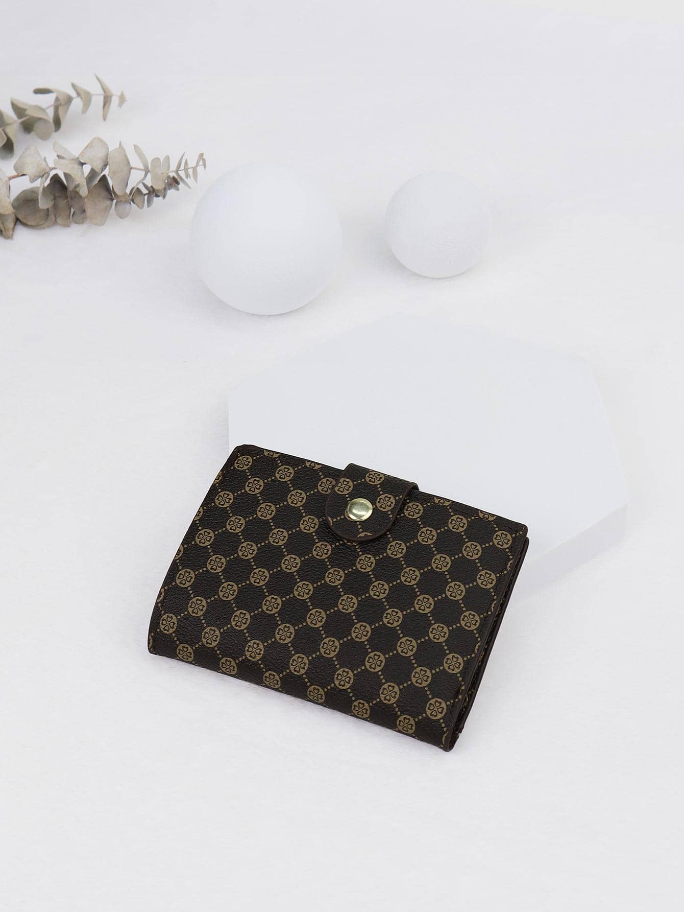 Geometrisch Patroon Kleine Portemonnee Drukknoop Vintage - Koffie bruin - Bekijken 2