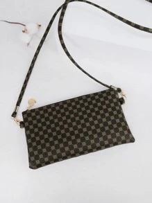 Bolsa cuadrada con patrón geométrico pequeño cremallera vintage - Café integral - Ver 3