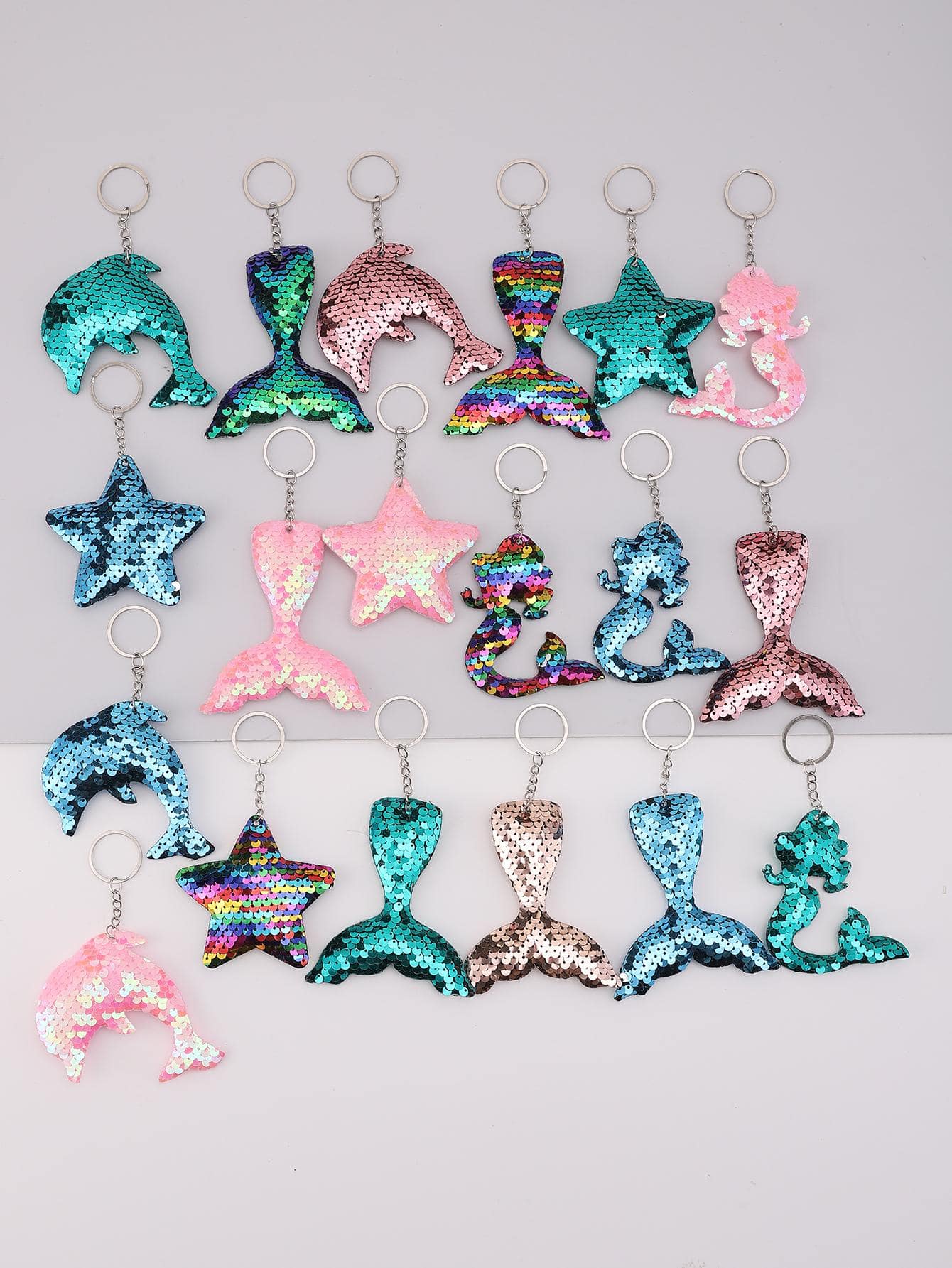 19pcs Glitter Dolphin & Mermaid Tail & Starfish Keychain - Multicolor - View 1