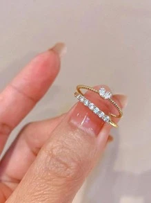 2 Piezas/set Anillo Abierto Ajustable Con Incrustación De Diamantes De Imitación Para Mujer - Amarillo Oro - Ver 1