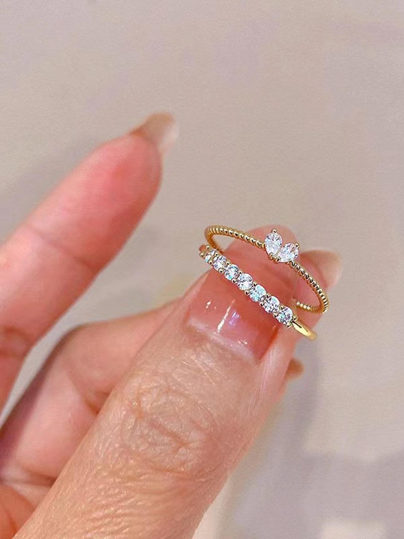 2 Piezas/set Anillo Abierto Ajustable Con Incrustación De Diamantes De Imitación Para Mujer - Amarillo Oro - Ver 1