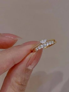 2 Piezas/set Anillo Abierto Ajustable Con Incrustación De Diamantes De Imitación Para Mujer - Amarillo Oro - Ver 4