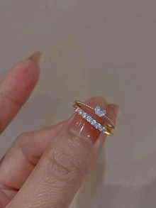 2 Piezas/set Anillo Abierto Ajustable Con Incrustación De Diamantes De Imitación Para Mujer - Amarillo Oro - Ver 2